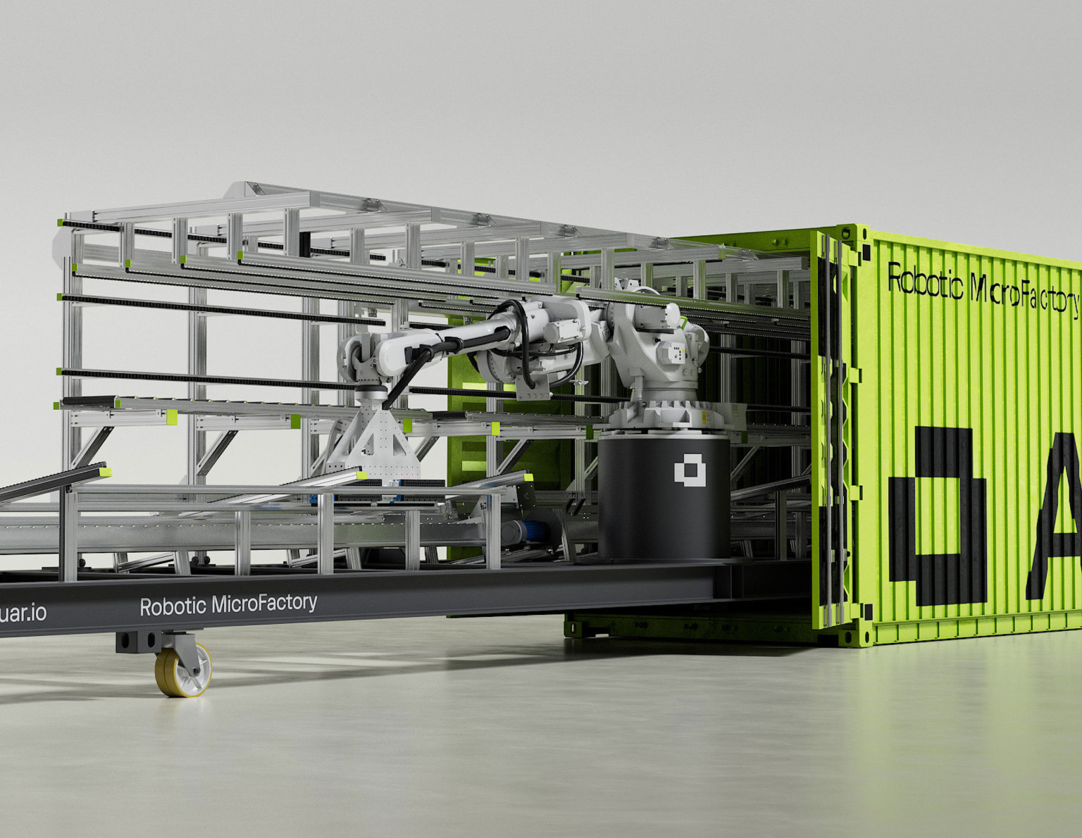 AUAR robotic arm cutting and nailing timber panels inside a containerised micro-factory.