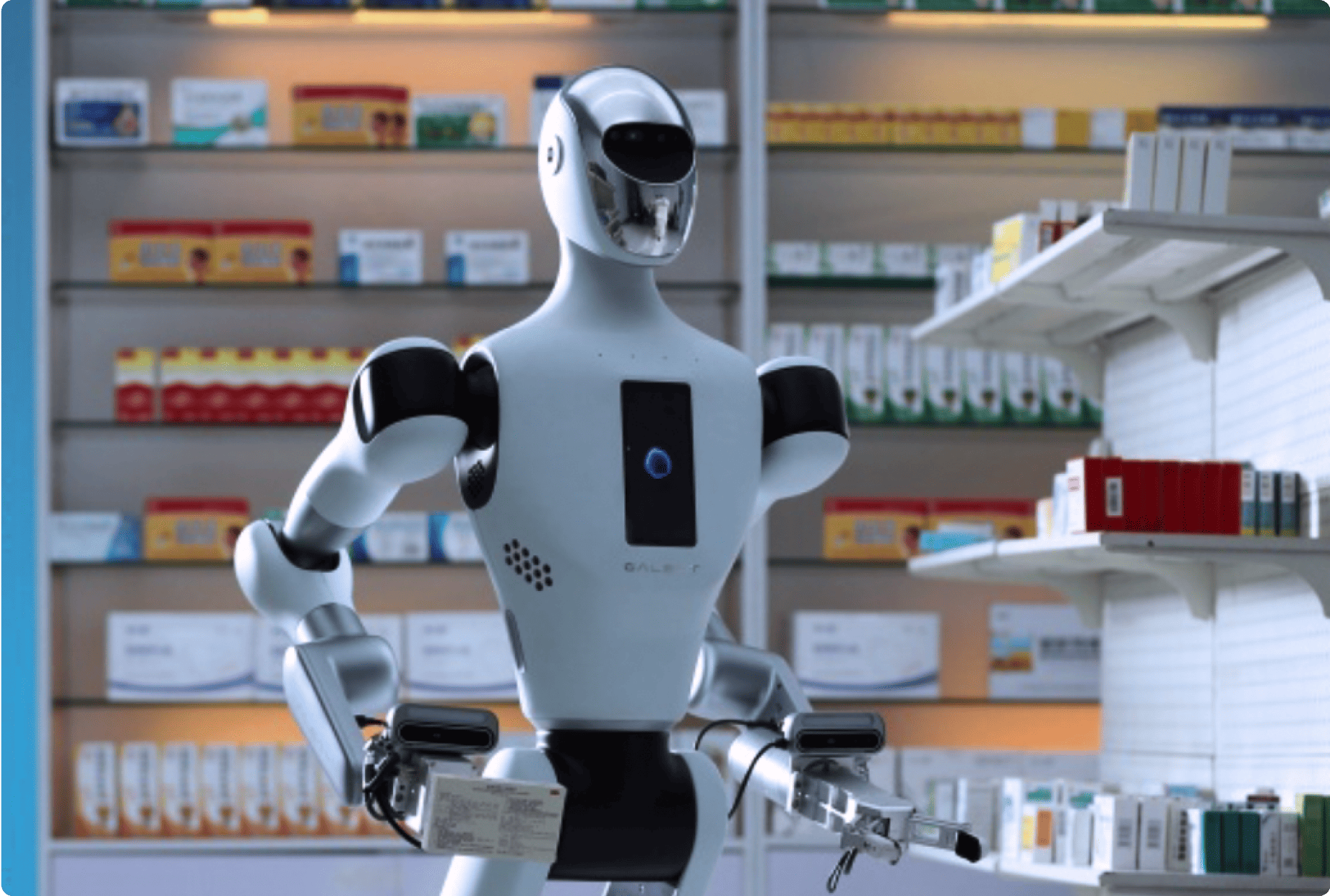 Galbot's G1 humanoid Xiao Gai at a retail demo — the Hung Hom waterfront capsule store in Hong Kong will be staffed solely by the robot.